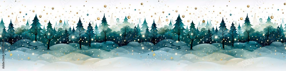 seamless border with Christmas trees, stars, gnomes, snowflakes, cartoon style