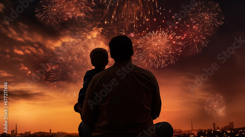 Silhouette of father and son watching a fireworks festival, generative ai photo