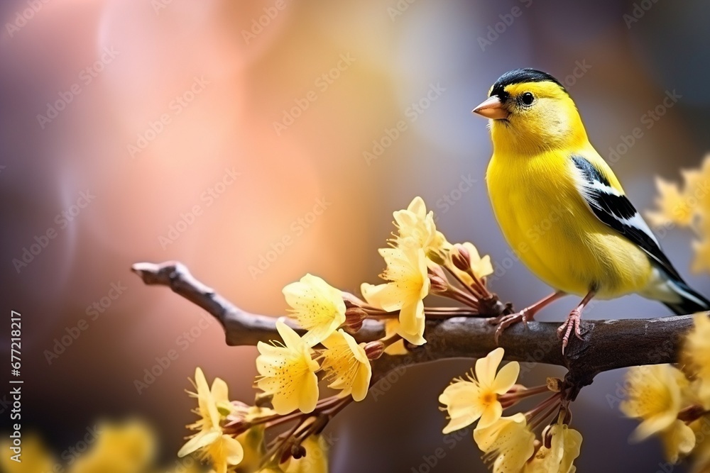 Delicate Goldfinch on Blooming Flower