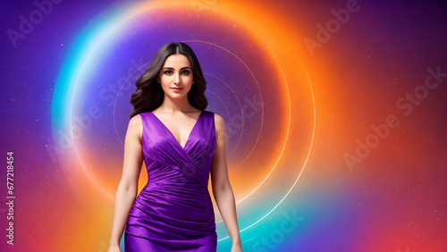 Brunette woman in purple dress on abstract circles background