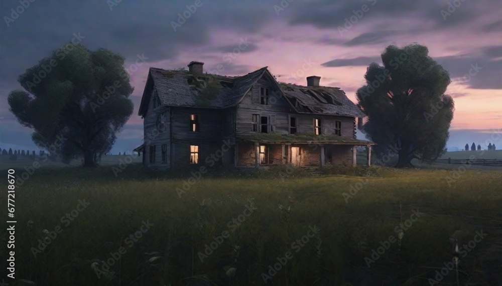 Fototapeta premium Enigmatic Abandoned Farmhouse Amidst a Mysterious Meadow at Twilight - AI Generated version 2 
