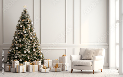 Minimalistic Christmas interior mockup. White wall with a chair and a sleek Christmas tree. 