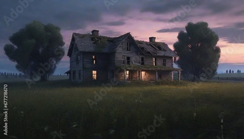 Enigmatic Abandoned Farmhouse Amidst a Mysterious Meadow at Twilight - AI Generated version 2 