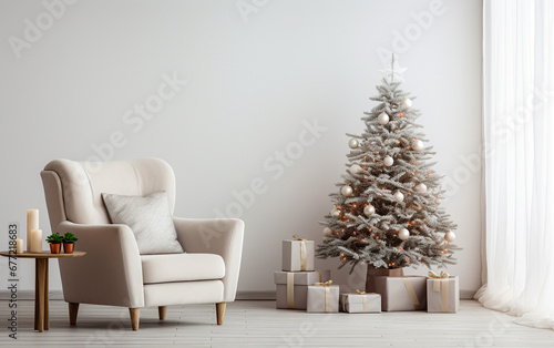 Living room christmas interior in modern style. Christmas tree with gift boxes. rattan chair on wall mockup.
