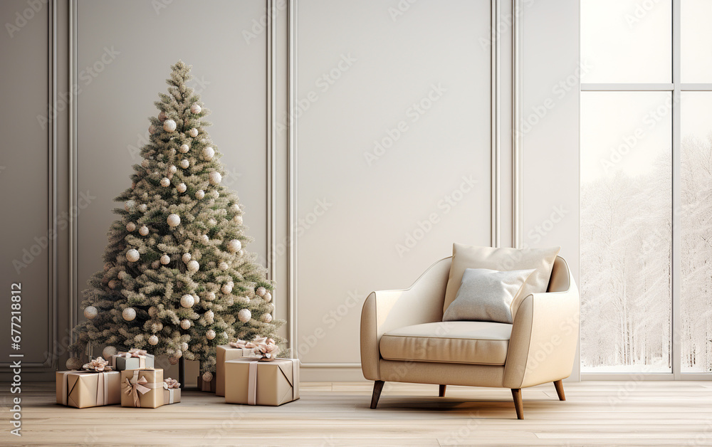 White interior with white christmas tree and white armchair in white wall background