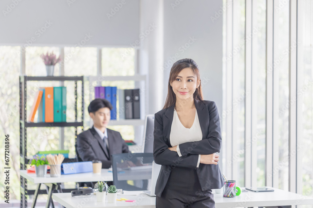 Business woman working at the office, Smiling young woman with arms crossed, Two young business colleagues in modern office