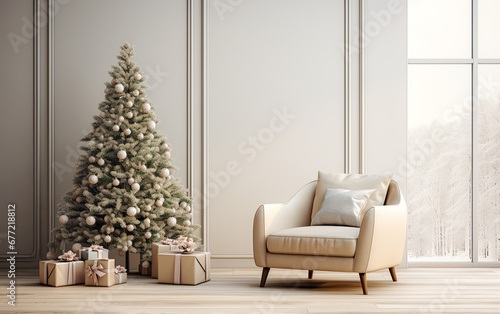 White interior with white christmas tree and white armchair in white wall background