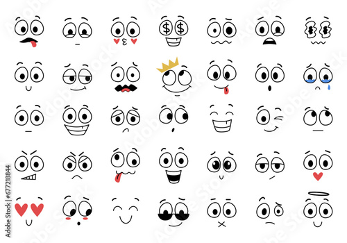 Vector set of cartoon faces. Expressive eyes and mouth, crying, smiling and surprised facial expressions of the character. Cartoon comic emotions or doodle