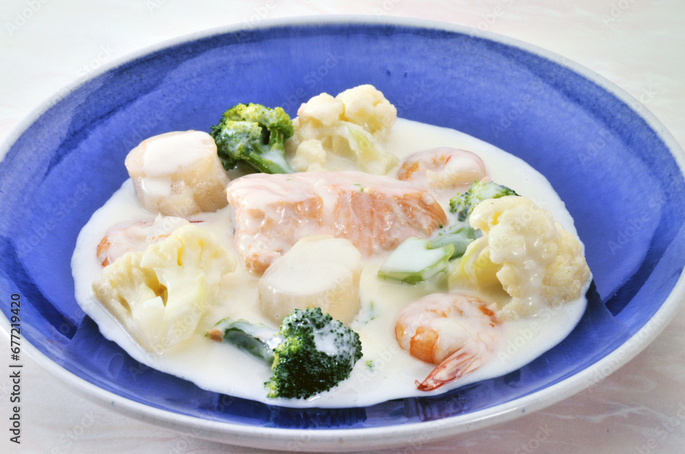 white stew of red salmon