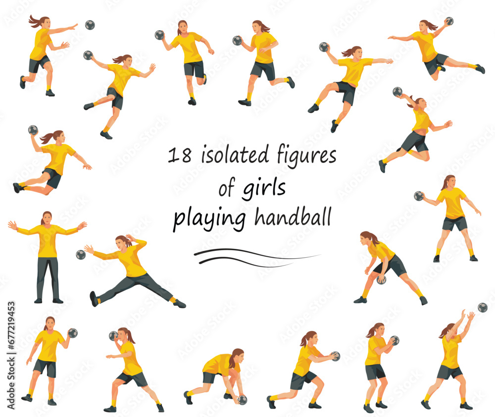 18 vector isolated figures of women's handball players and goalkeepers in yellow sports uniform jumping, running, catching the ball, standing