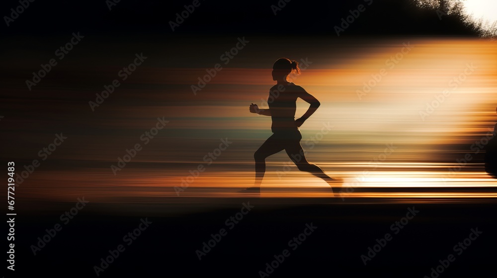 woman jogger, long exposure and deep distance move blur, copy space, 16:9 - obrazy, fototapety, plakaty 