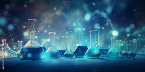 Science Chemistry Background ,Background Laboratory in a chemistry,A blue and green science lab glass beakers with a blue background and a dna molecules with generative ai 