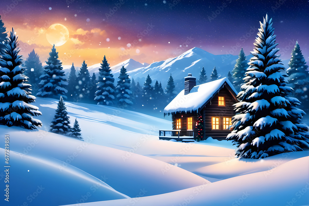 Winter picture. Beautiful colorful sunset at the foot of a snowy mountain. Winter picture. Beautiful colorful sunset at the foot of a snowy mountain.