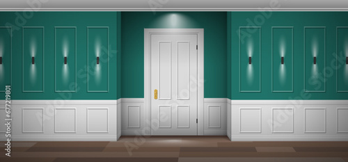 classic interior corridor entrance door lamps hallway front view vector illustration