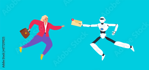 robot courier mail envelope delivery  to businesswoman vector illustration
