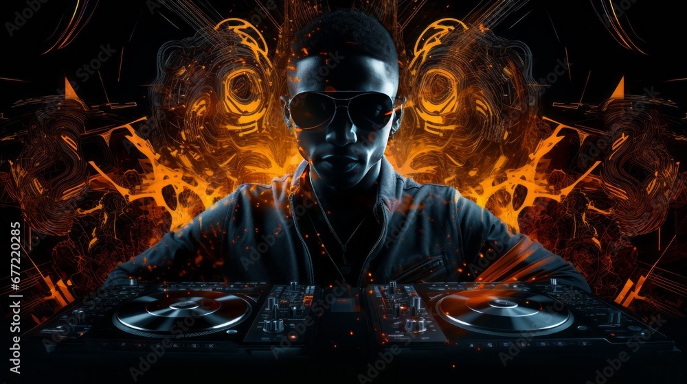 dj, tune table, headphones, party, double exposure, 16:9 dj, tune table, headphones, party, double exposure, 16:9