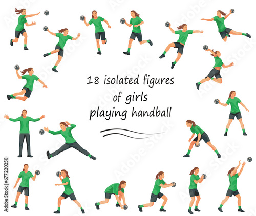 Vector isolated figures of girl's handball players and goalkeepers team in green equipment in various poses, stances and motion training and playing, running, jumping, catching the ball