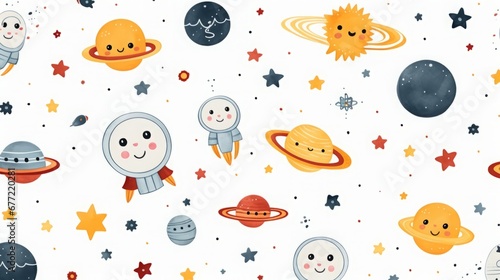 cute pattern of space related objects  simple  children s drawing  flat colors  white background  16 9