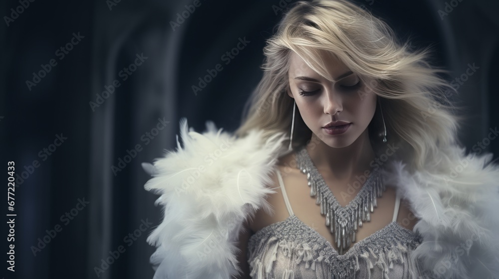 woman / model wearing a dress made from white feathers and a silver necklace, 16:9