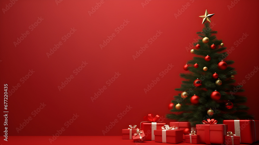 Christmas tree with gift boxes around on red background. Generative AI Christmas tree with gift boxes around on red background. Generative AI