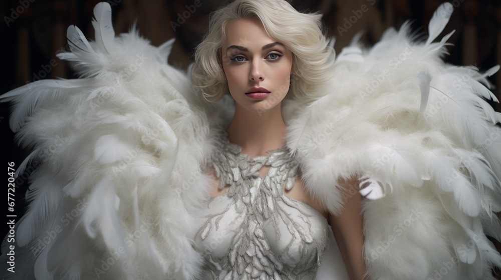 woman / model wearing a dress made from white feathers and a silver necklace, 16:9 woman / model wearing a dress made from white feathers and a silver necklace, 16:9