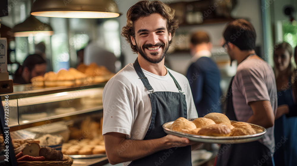 Close-up of a baker, smiling, young and attractive man, bakery. Generative IA