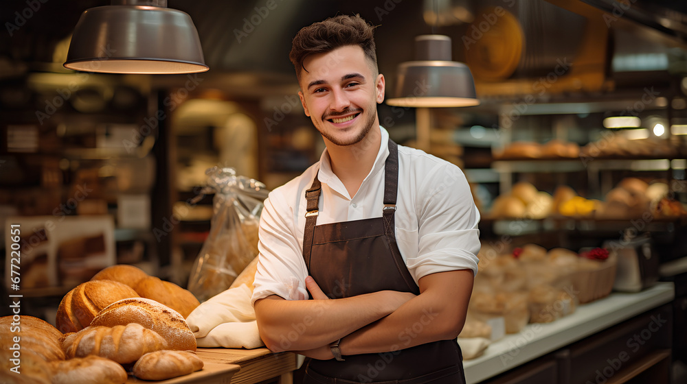 Close-up of a baker, smiling, young and attractive man, bakery. Generative IA