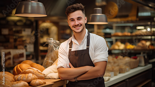 Close-up of a baker, smiling, young and attractive man, bakery. Generative IA