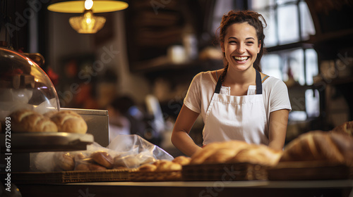 Close-up of a baker, smiling, young and attractive woman, bakery. Generative IA