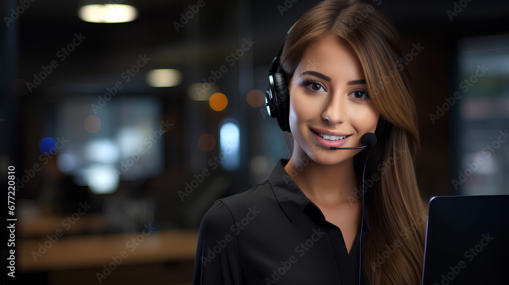 Close-up of a smiling, young and attractive female receptionist serving customers. Generative IA - obrazy, fototapety, plakaty 