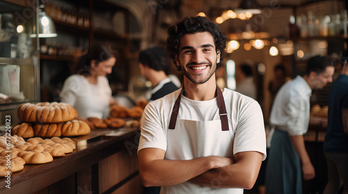 Close-up of a baker, smiling, young and attractive man, bakery. Generative IA photo