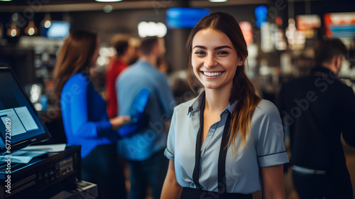 Close-up of a saleswoman, smiling woman, young and attractive, cashier serving customers. Generative IA