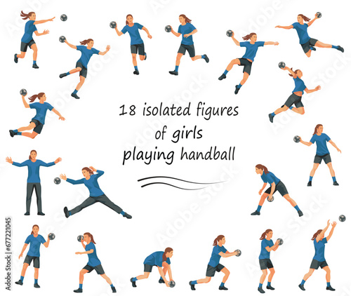 Team of girls playing women s handball in blue T-shirts in various poses training  running  jumping  throwing the ball on a white background