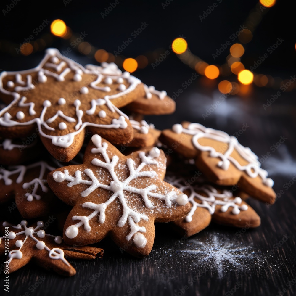 Tasty decorated gingerbread on a dark background. Christmas pastry. Generative AI. Tasty decorated gingerbread on a dark background. Christmas pastry. Generative AI.