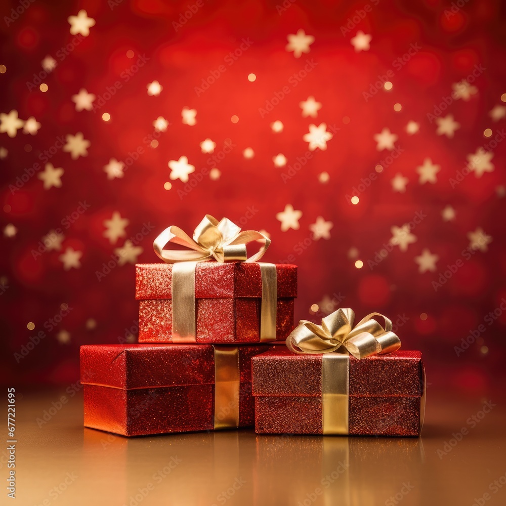 Christmas gifts on a red background. Christmas time. Generative AI. Christmas gifts on a red background. Christmas time. Generative AI.