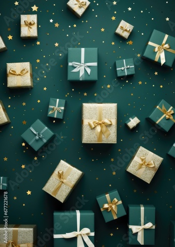 Christmas gifts on a green background. Christmas time. Generative AI. © Simona