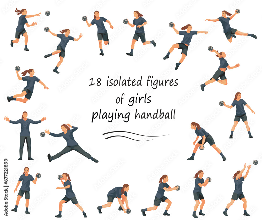 18 figures of girls playing handball in black uniforms training, standing, running, rushing, jumping, catching, throwing the ball