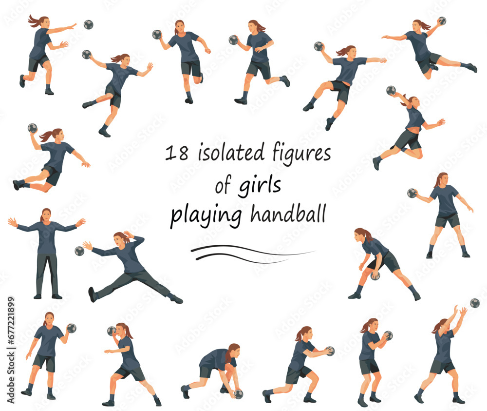 18 figures of girls playing handball in black uniforms training, standing, running, rushing, jumping, catching, throwing the ball 18 figures of girls playing handball in black uniforms training, standing, running, rushing, jumping, catching, throwing the ball