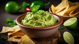 Guacamole in a bowl served chips and lime 