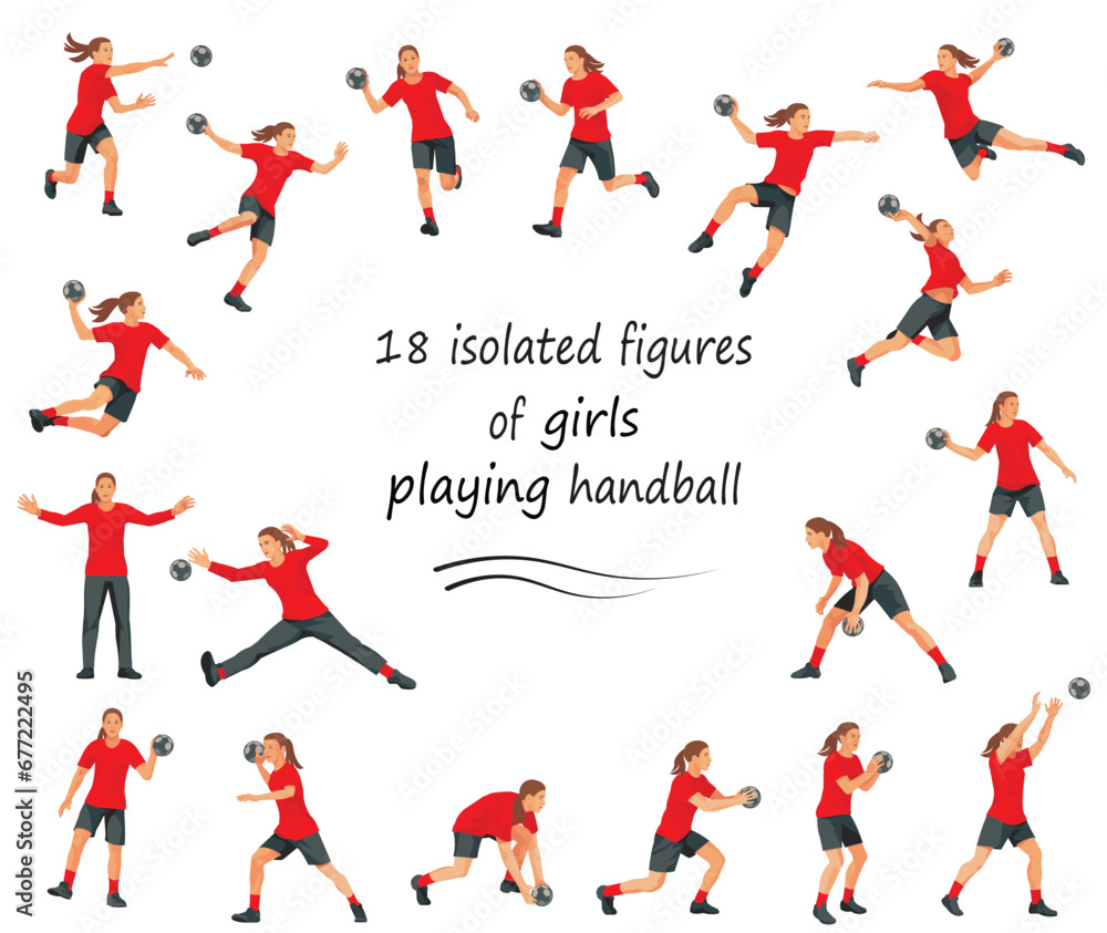 18 girl figures of women's handball players and goalkeepers in red uniforms standing in the goal, running, throwing the ball, jumping 18 girl figures of women's handball players and goalkeepers in red uniforms standing in the goal, running, throwing the ball, jumping