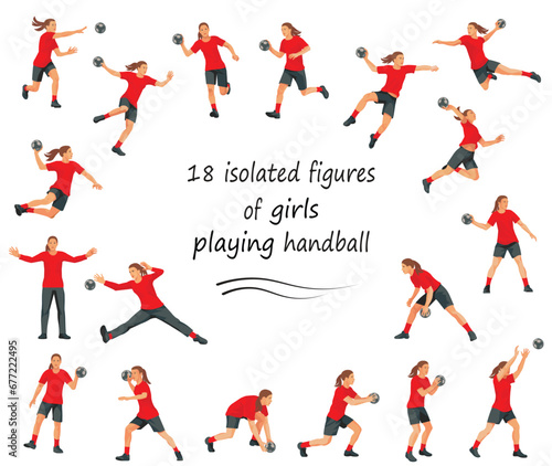 18 girl figures of women's handball players and goalkeepers in red uniforms standing in the goal, running, throwing the ball, jumping
