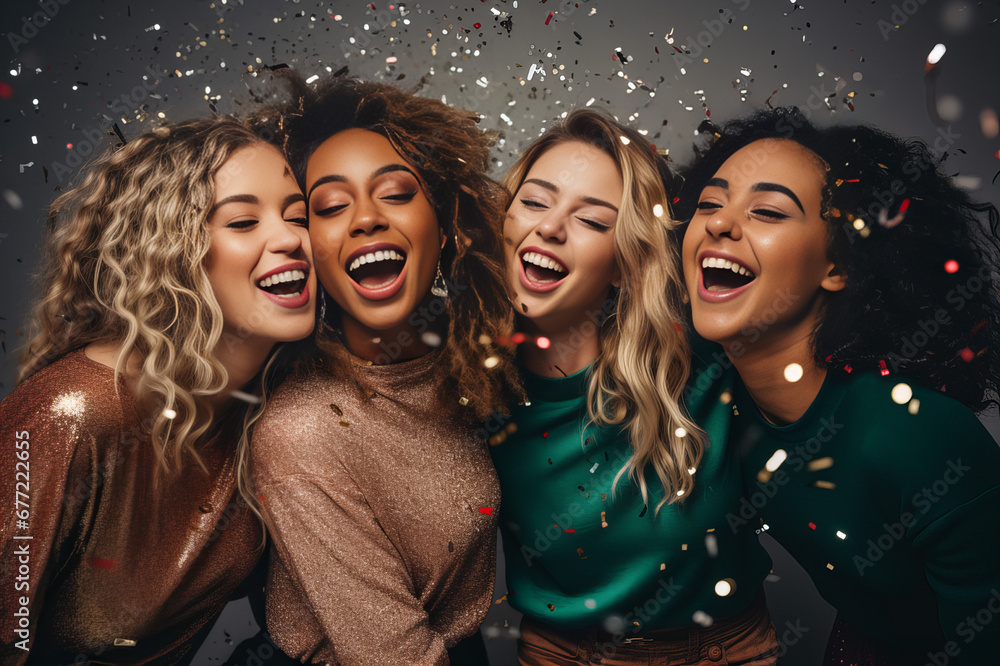 group of friends having fun at a corporate Christmas party with confetti group of friends having fun at a corporate Christmas party with confetti