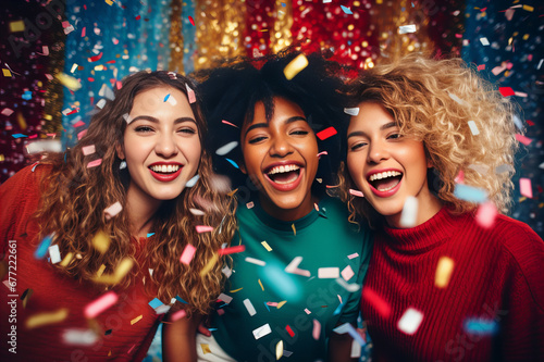 group of friends having fun at a corporate Christmas party with confetti