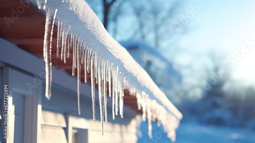 icicles on house roof in cold winter  photo