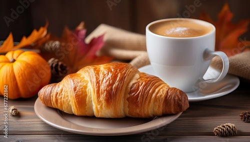 Cup of coffee with croissant and autumn leaves on wooden background