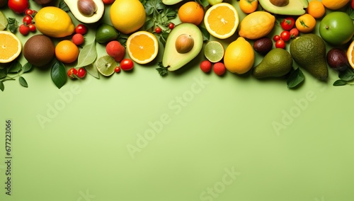 Fruits and vegetables on green background. Top view with copy space