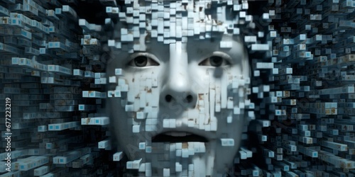 Face Formed by Squares Reflects Artificial Intelligence, AI, and the Matrix of Binary Thinking, Creating a Fusion of Digital Artistry and Futuristic Creativity