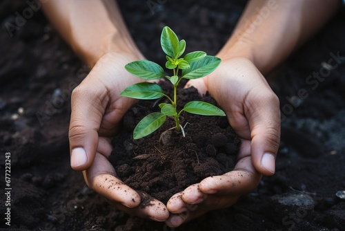 Hands holding green seedling with soil background. Save earth concept.