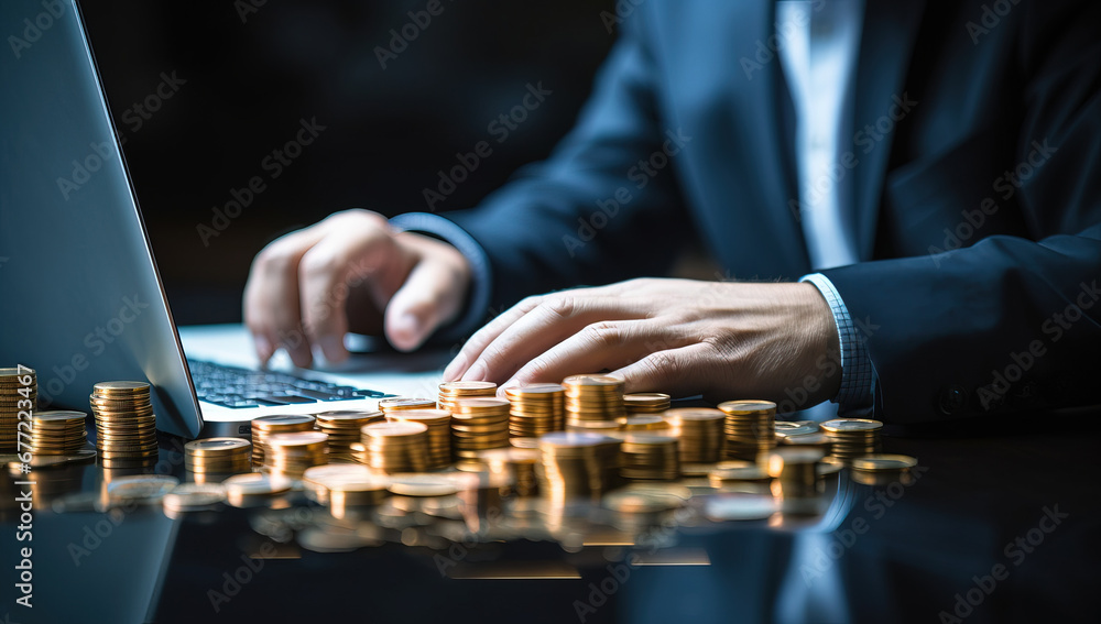 Businessman using laptop computer and stacking gold coins for finance and banking concept Businessman using laptop computer and stacking gold coins for finance and banking concept