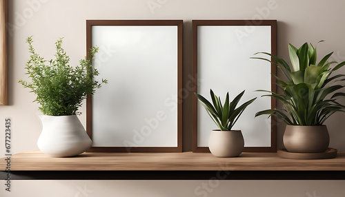 blank white, Interior room with a mock-up picture frame and lovely plants on a brown bamboo shelf  © Simo